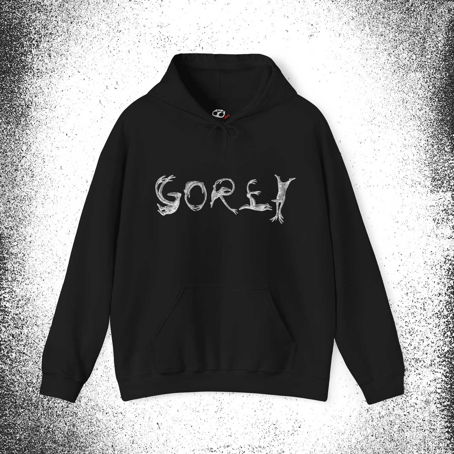 Black Gorey hoodie with artistic text on front, from The Edward Gorey Online Shop