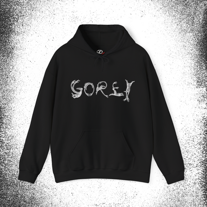 Black Gorey hoodie with artistic text on front, from The Edward Gorey Online Shop