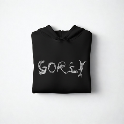 Black hoodie with Gorey Figbash acrobat text design, The Edward Gorey Online Shop