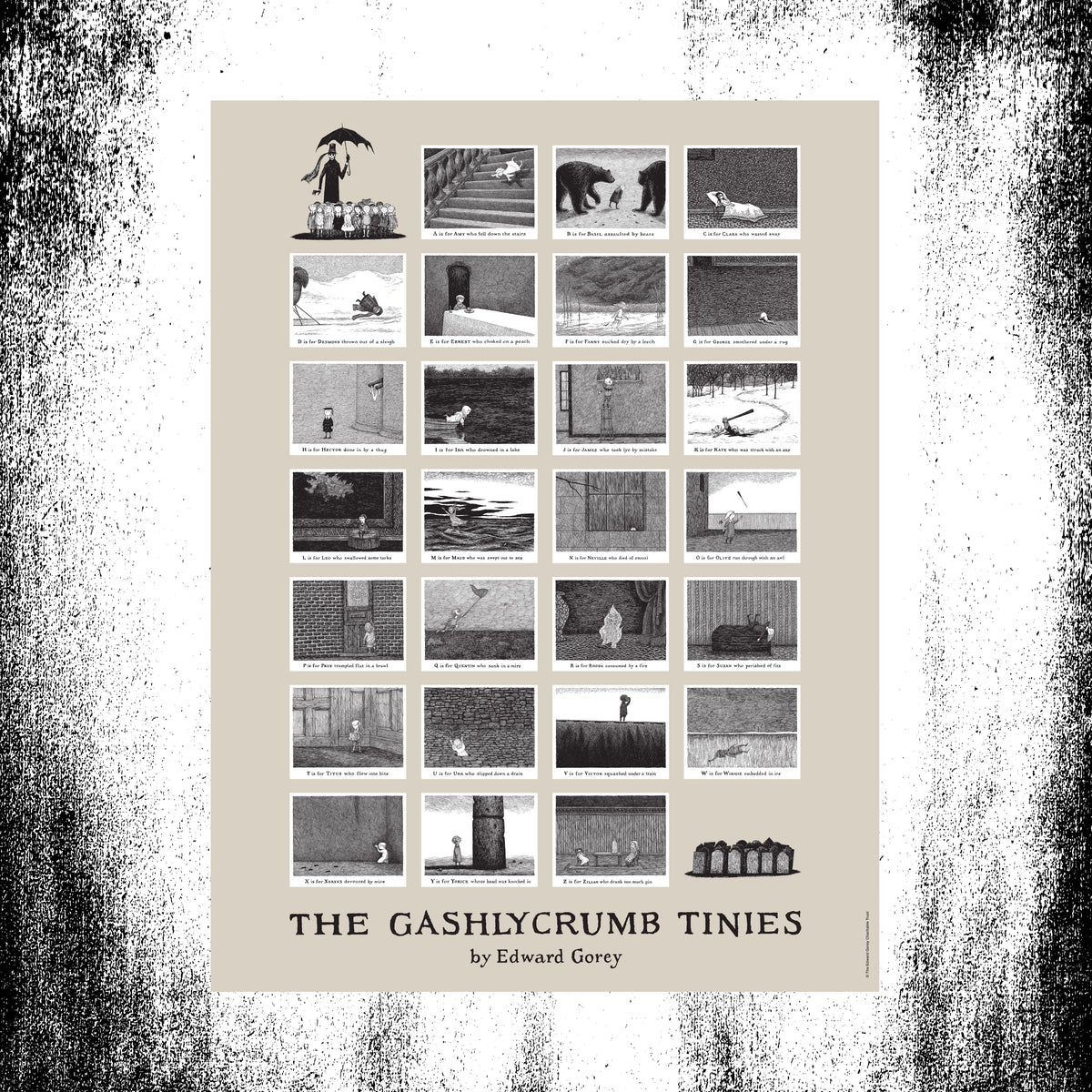 The Gashlycrumb Tinies poster by Edward Gorey, featuring vintage black and white illustrated panels, available from The Edward Gorey Online Shop.