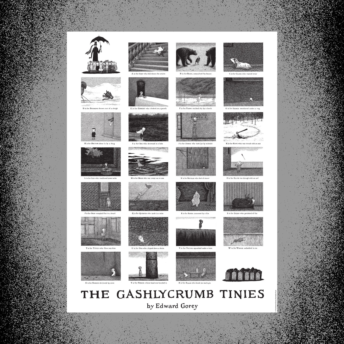 The Gashlycrumb Tinies poster by Edward Gorey, illustrated alphabet grid, black and white art.