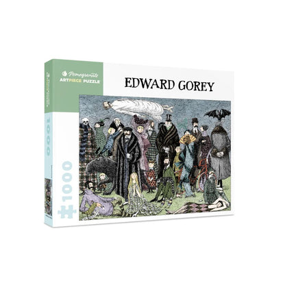 Edward Gorey jigsaw puzzle box showing quirky characters and a floating figure, 1000 pieces
