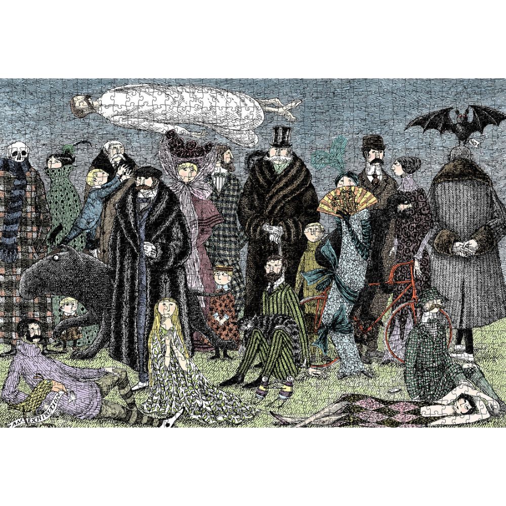 Edward Gorey jigsaw puzzle with quirky Victorian characters, surreal scene, and dark humor