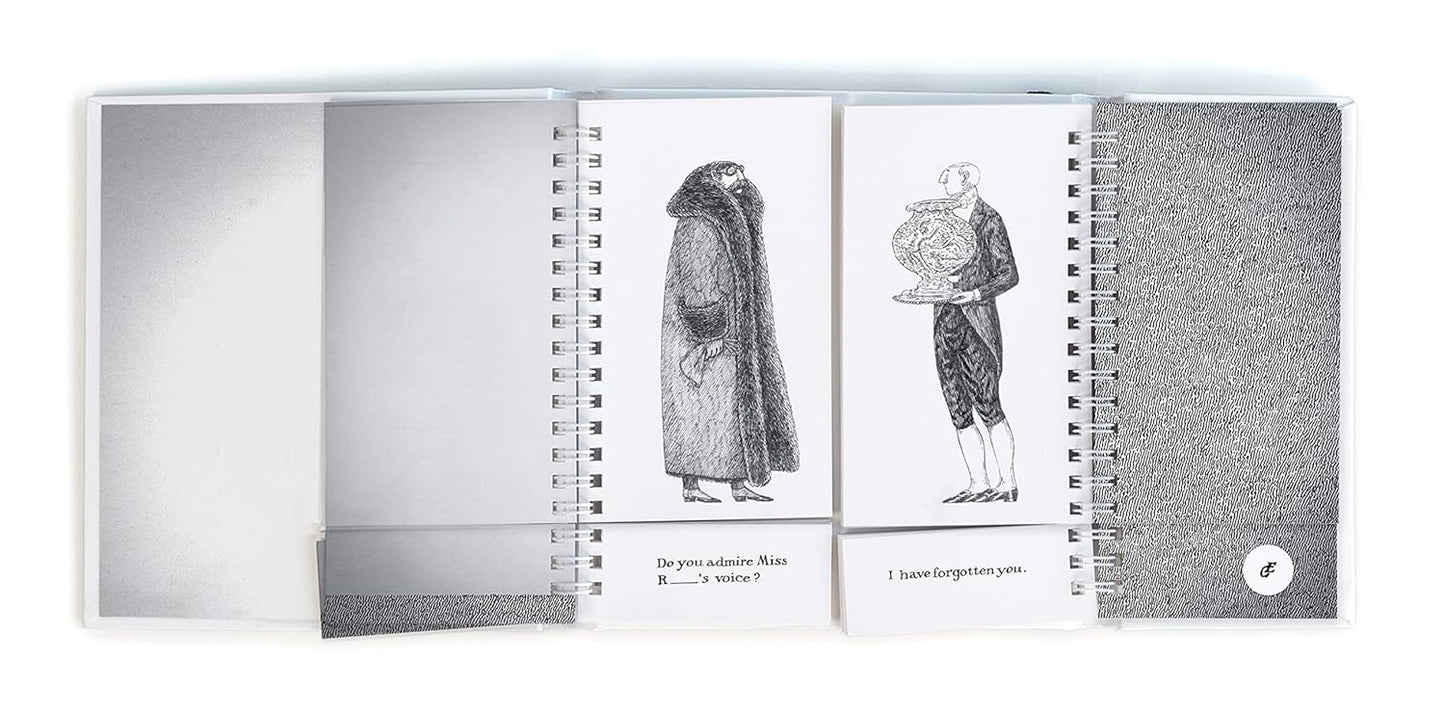 Edward Gorey flipbook with surreal black and white drawings, unique characters, and text