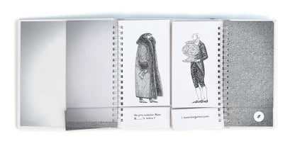 Edward Gorey flipbook with surreal black and white drawings, unique characters, and text