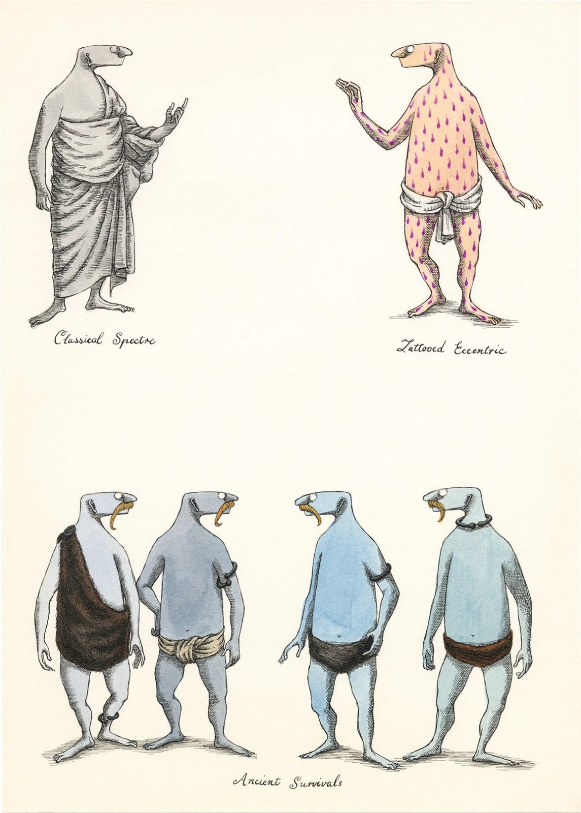 Edward Gorey print featuring whimsical creatures labeled Classical Spectre, Tattooed Eccentric, and Ancient Survivals.