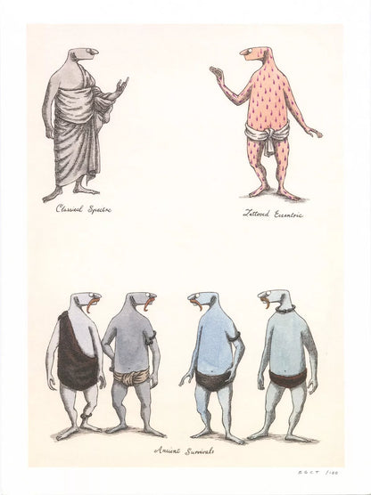 Edward Gorey art print featuring whimsical, anthropomorphic creatures in various costumes, from The Edward Gorey Online Shop.