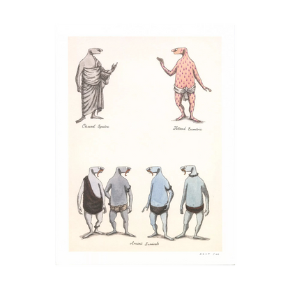 Limited edition Edward Gorey print featuring five fanciful anthropomorphic creatures in costumes.