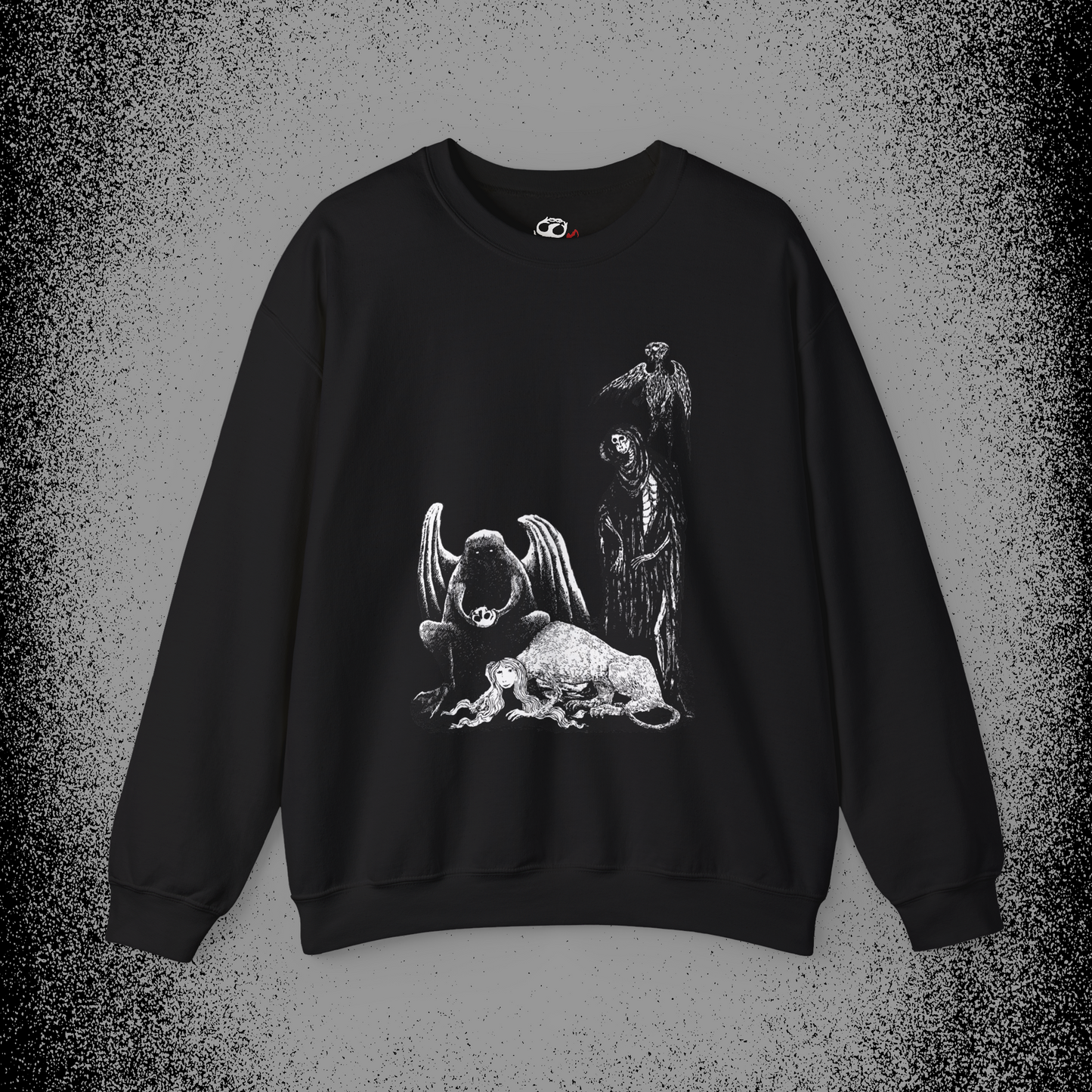 Black crewneck sweatshirt with Edward Gorey style monster festival illustration
