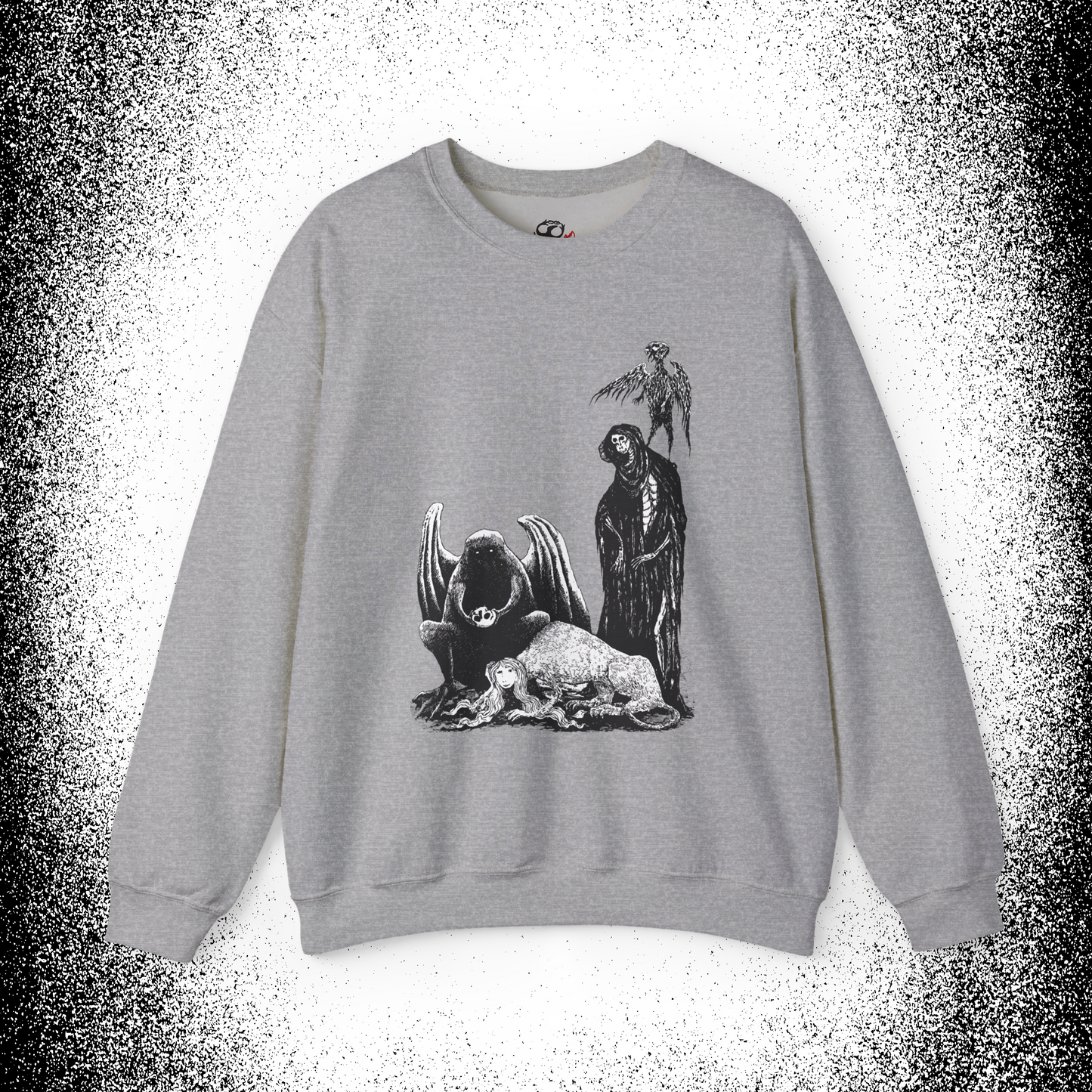 Edward Gorey gray crewneck sweatshirt with gothic monster illustration, available at The Edward Gorey Online Shop.