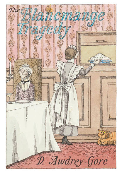 Edward Gorey notecard with maid serving blancmange, seated lady, cat, vintage decor