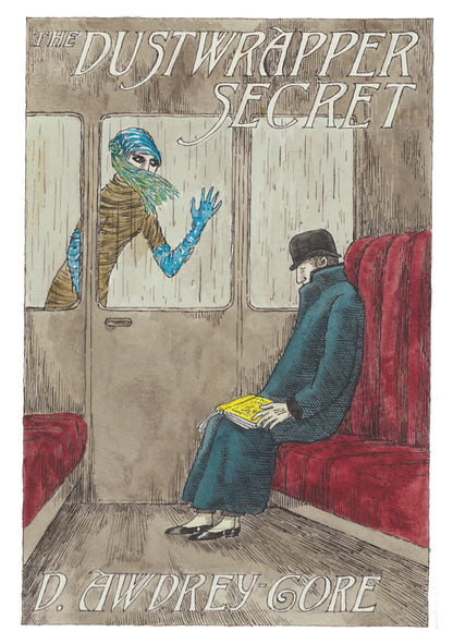 Edward Gorey notecard art with mysterious train scene and eerie masked figure, The Dustwrapper Secret.