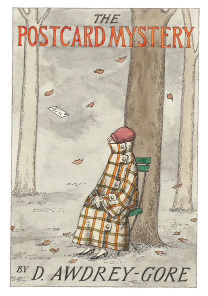 Edward Gorey illustration of a bundled figure on a bench under trees with falling leaves and a postcard.