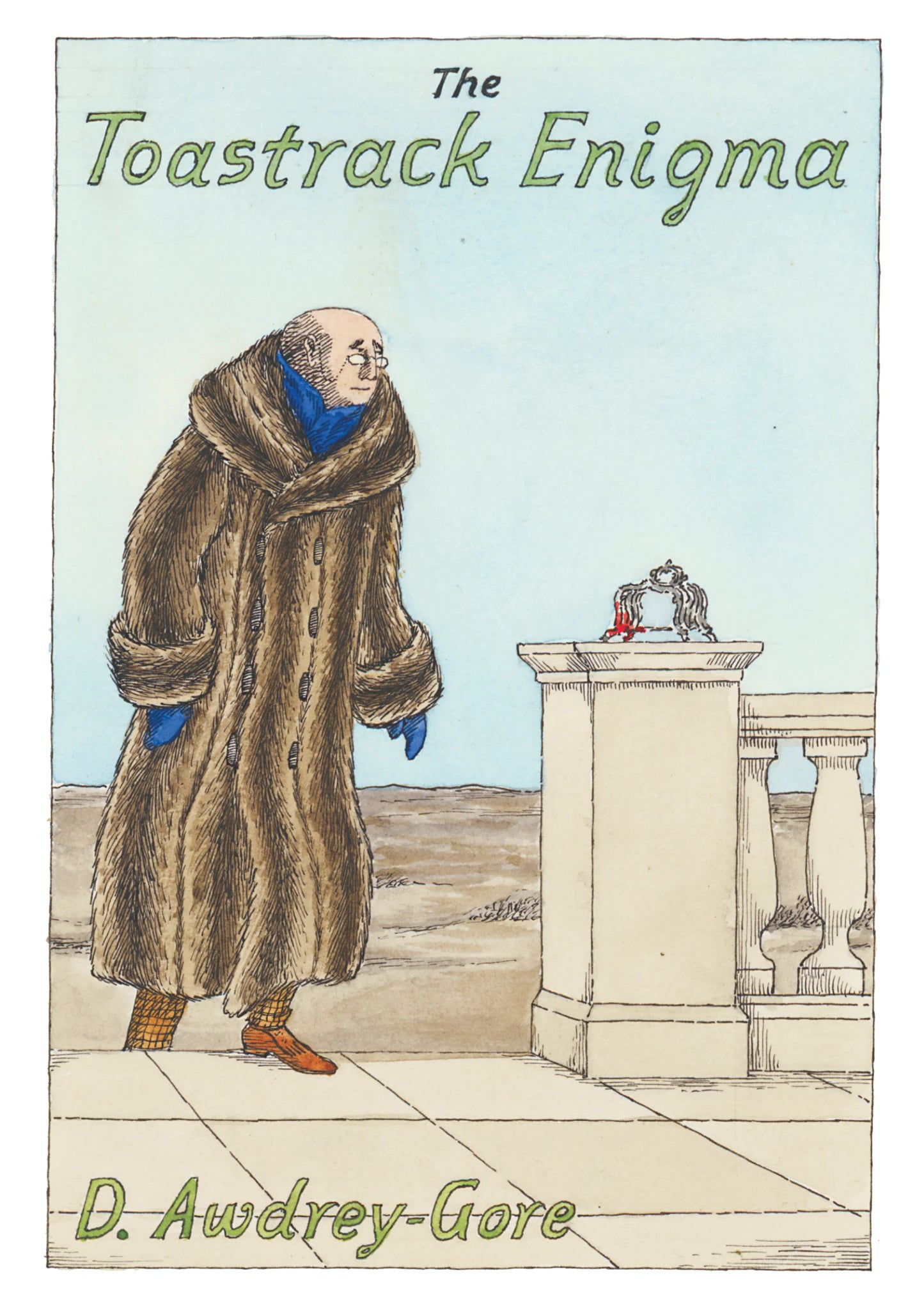 Edward Gorey illustrated notecard showing a man in a fur coat by a pedestal with a toast rack.