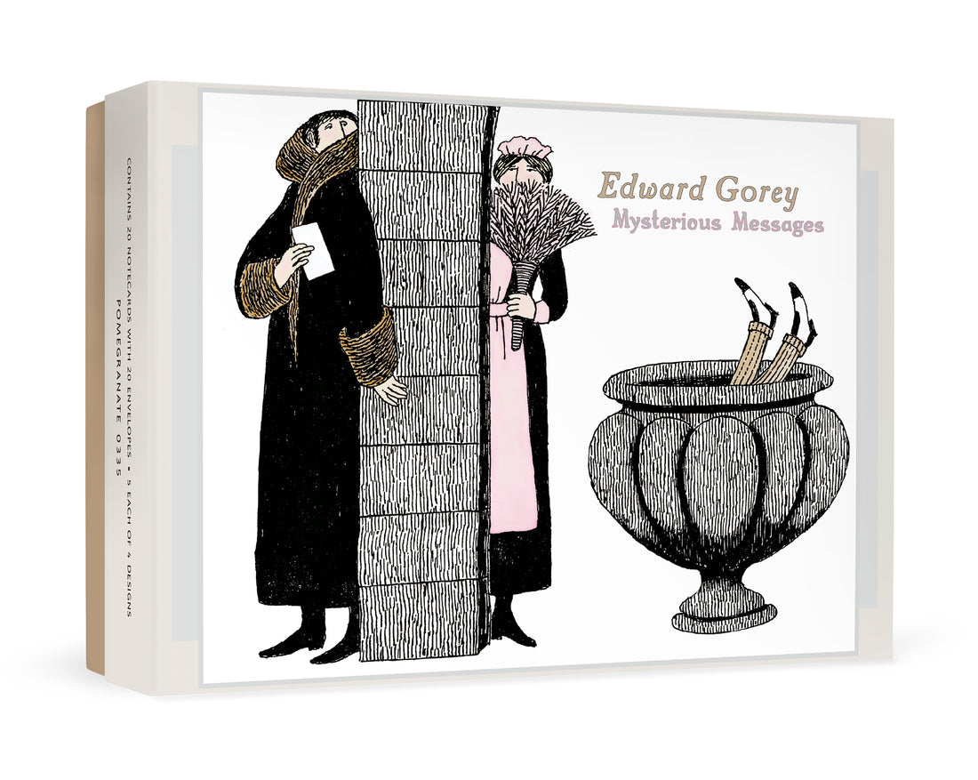 Edward Gorey notecard box with illustrated figures, mysterious setting, and gothic humor