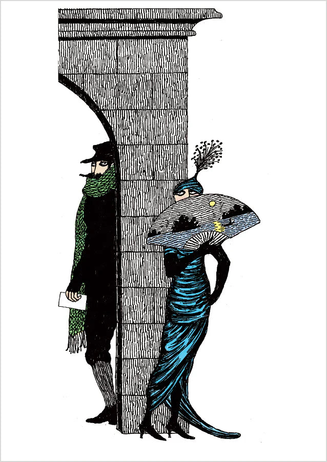 Edward Gorey illustration of two figures in vintage attire by a stone arch, from The Edward Gorey Online Shop.