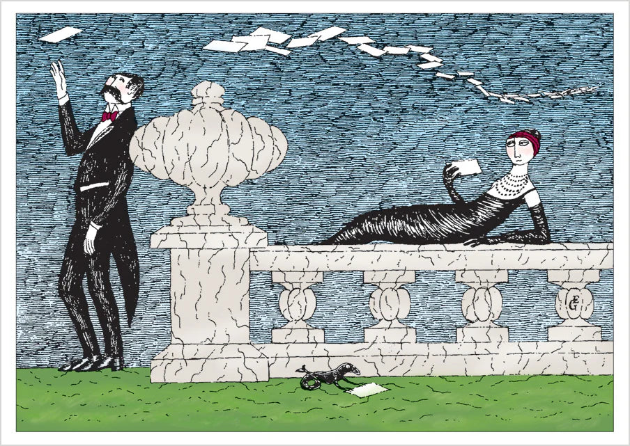 Edward Gorey illustration of man tossing letters and woman lounging on stone terrace