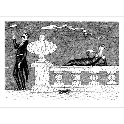 Edward Gorey postcard art with a man tossing letters, woman lounging, monochrome illustration