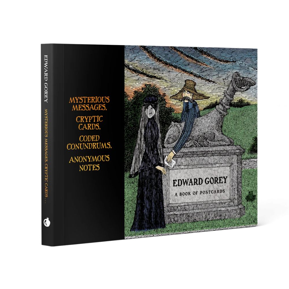 Edward Gorey postcard book cover with gothic figures by a statue at sunset, The Edward Gorey Online Shop