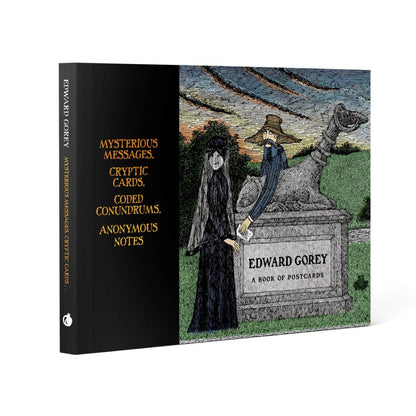 Edward Gorey postcard book cover with gothic figures by a statue at sunset, The Edward Gorey Online Shop
