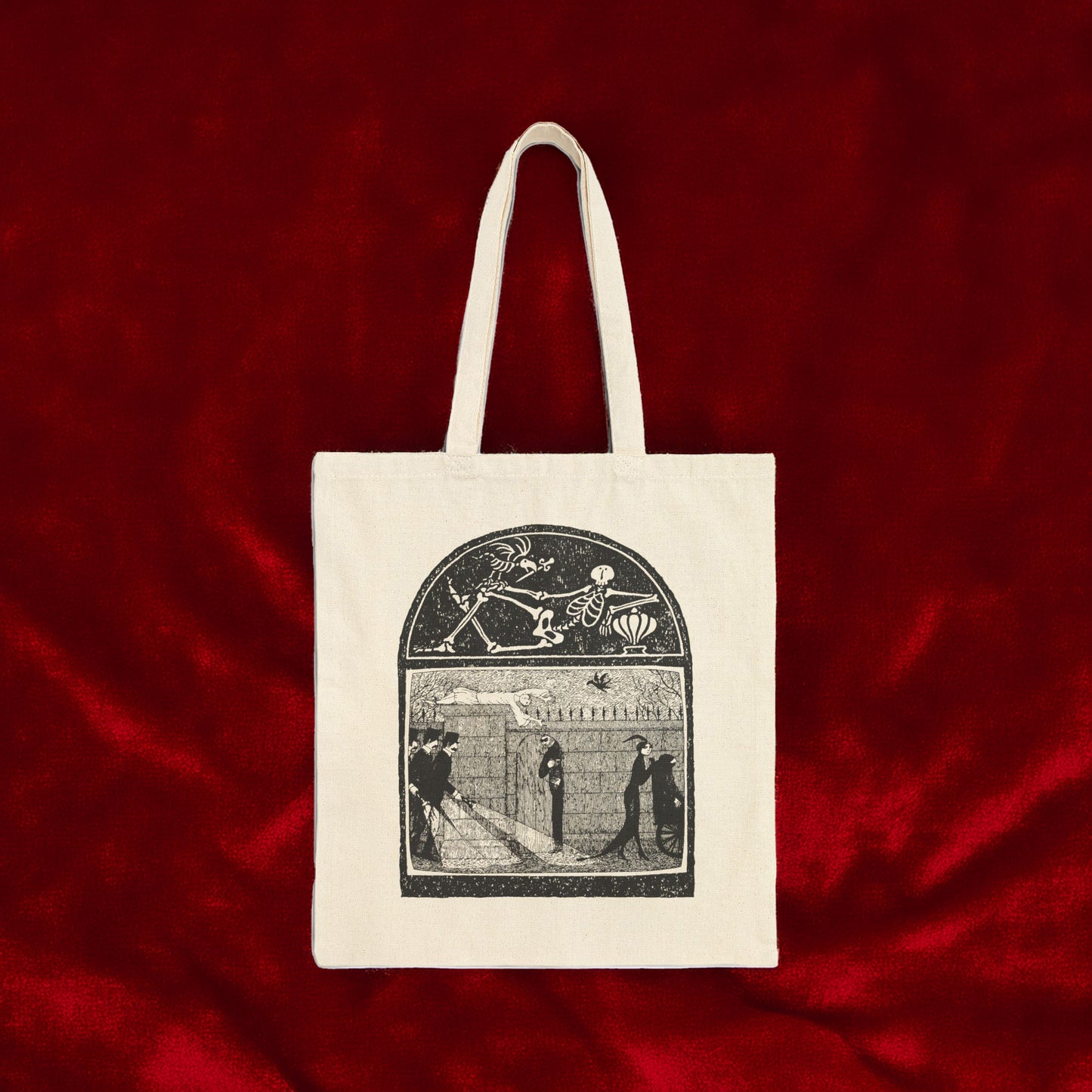 Edward Gorey illustrated mystery tote bag on red fabric, The Edward Gorey Online Shop