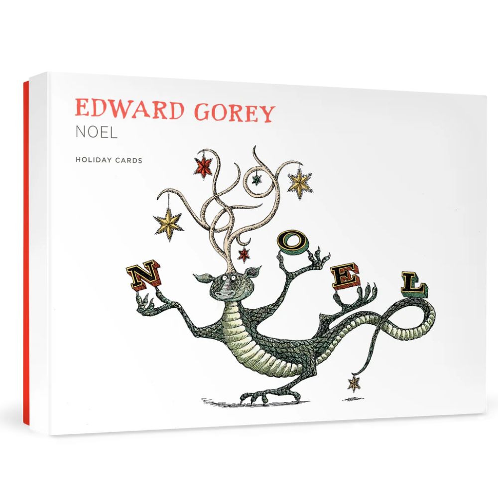Edward Gorey Noel holiday cards box featuring whimsical lizard with antlers holding N-O-E-L letters