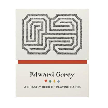 Edward Gorey playing cards box with black maze design and suit symbols, from The Edward Gorey Online Shop