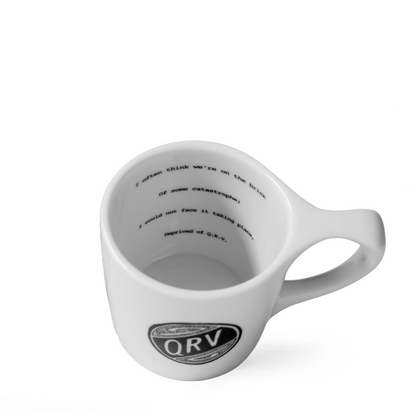 QRV Catastrophe Mug by Edward Gorey, white ceramic mug with interior text and logo