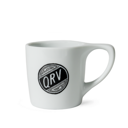 White ceramic mug with QRV logo, from The Edward Gorey Online Shop