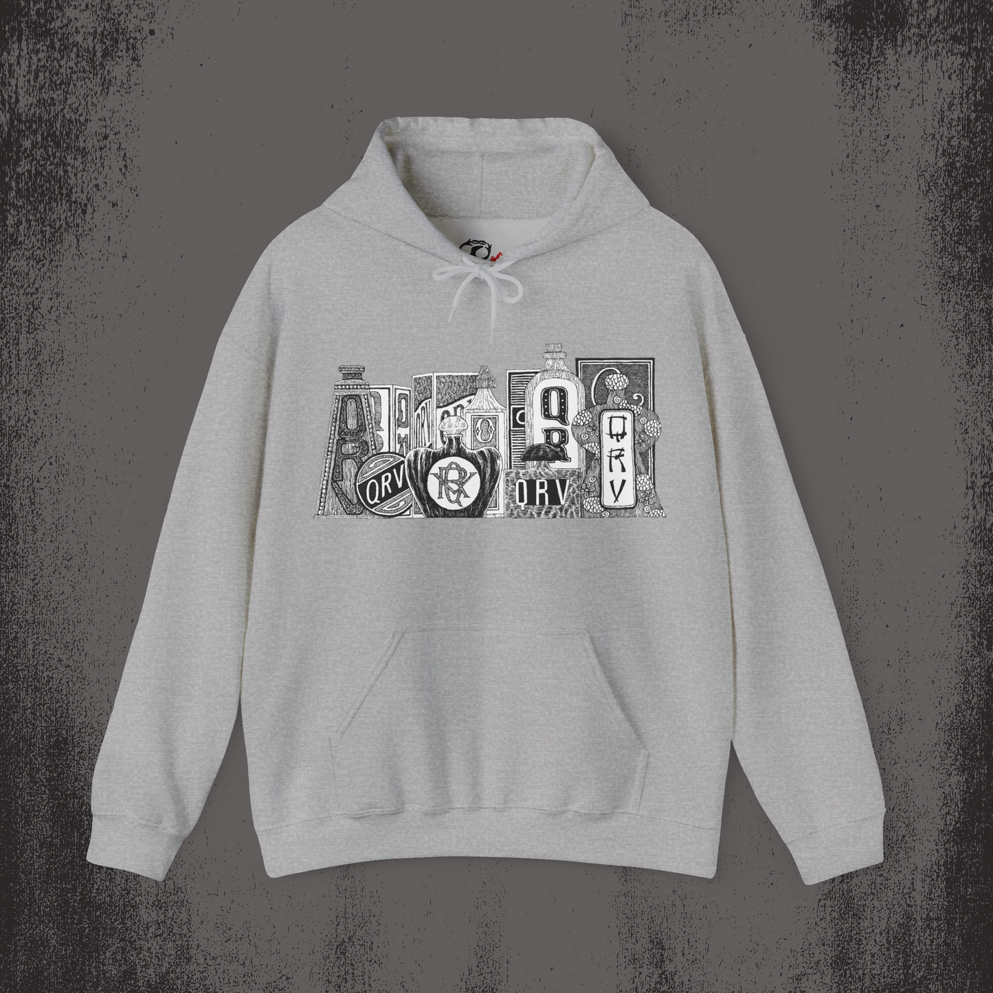 Gray Edward Gorey Q-R-V hoodie with illustrated black and white vintage style graphic