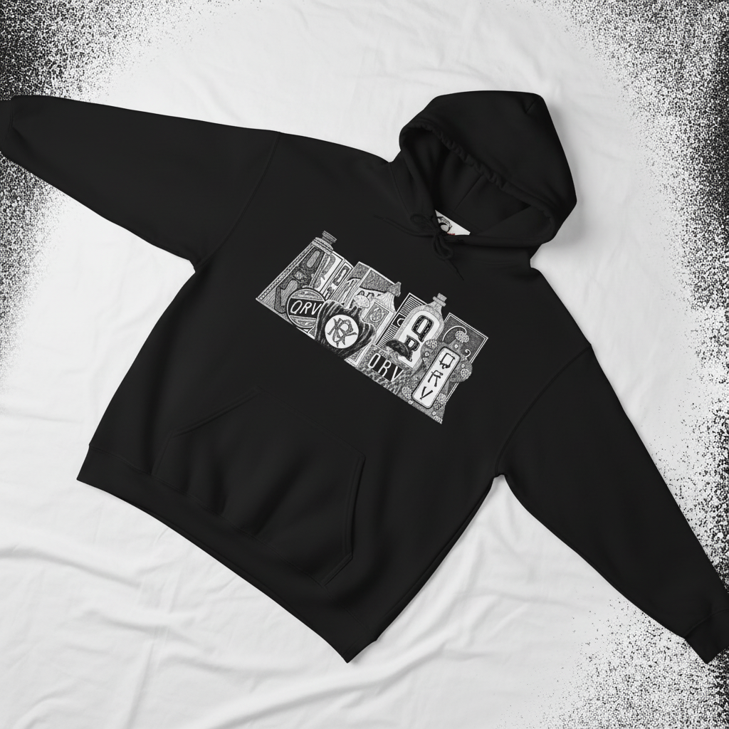 Black hoodie featuring Edward Gorey-inspired illustrated letters from The Edward Gorey Online Shop