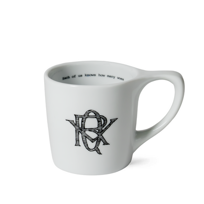 White ceramic mug with black Edward Gorey monogram, sold at The Edward Gorey Online Shop
