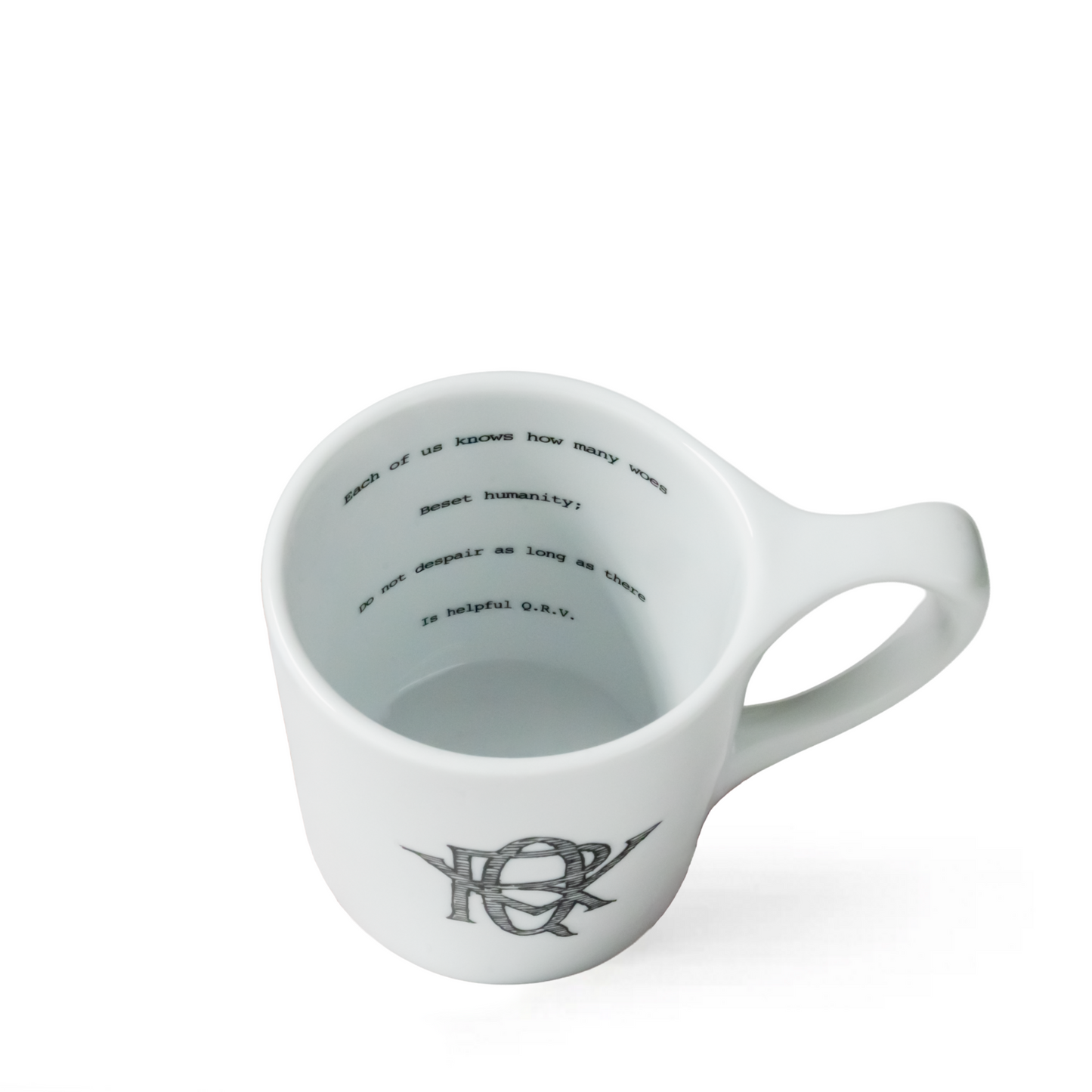 Edward Gorey white ceramic mug with Q.R.V. quote printed inside, unique handle, online shop item
