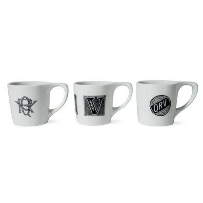 Set of three white mugs with black Edward Gorey QRV artwork, available from The Edward Gorey Online Shop