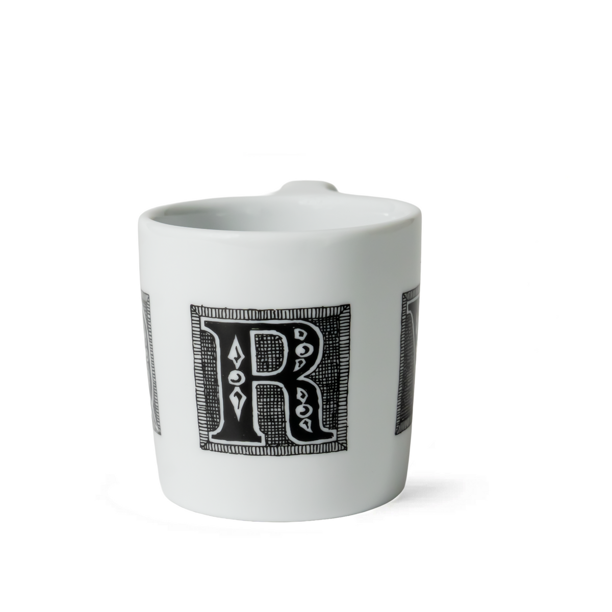 Edward Gorey illustration mug with ornate black letter R on white ceramic, The Edward Gorey Online Shop
