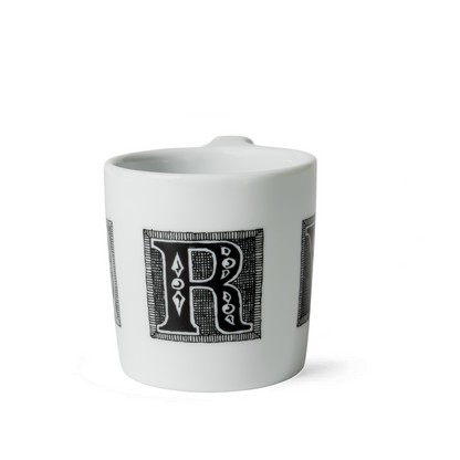 Edward Gorey illustration mug with ornate black letter R on white ceramic, The Edward Gorey Online Shop