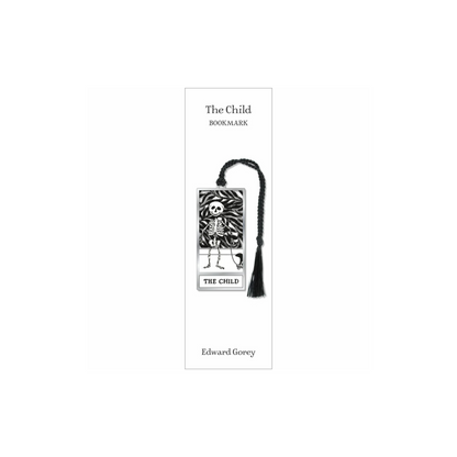 The Child metal bookmark by Edward Gorey featuring a skeleton illustration and tassel