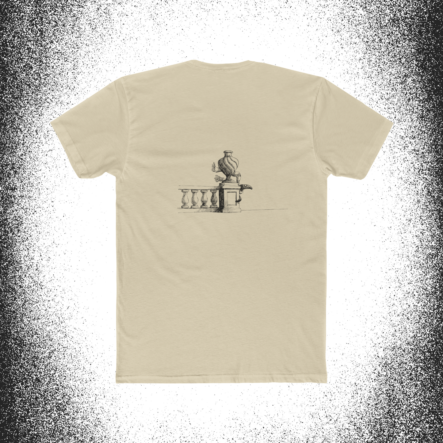 Beige t-shirt with Edward Gorey Doubtful Guest illustration on the back, vase and railing design