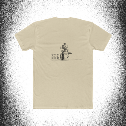 Beige t-shirt with Edward Gorey Doubtful Guest illustration on the back, vase and railing design