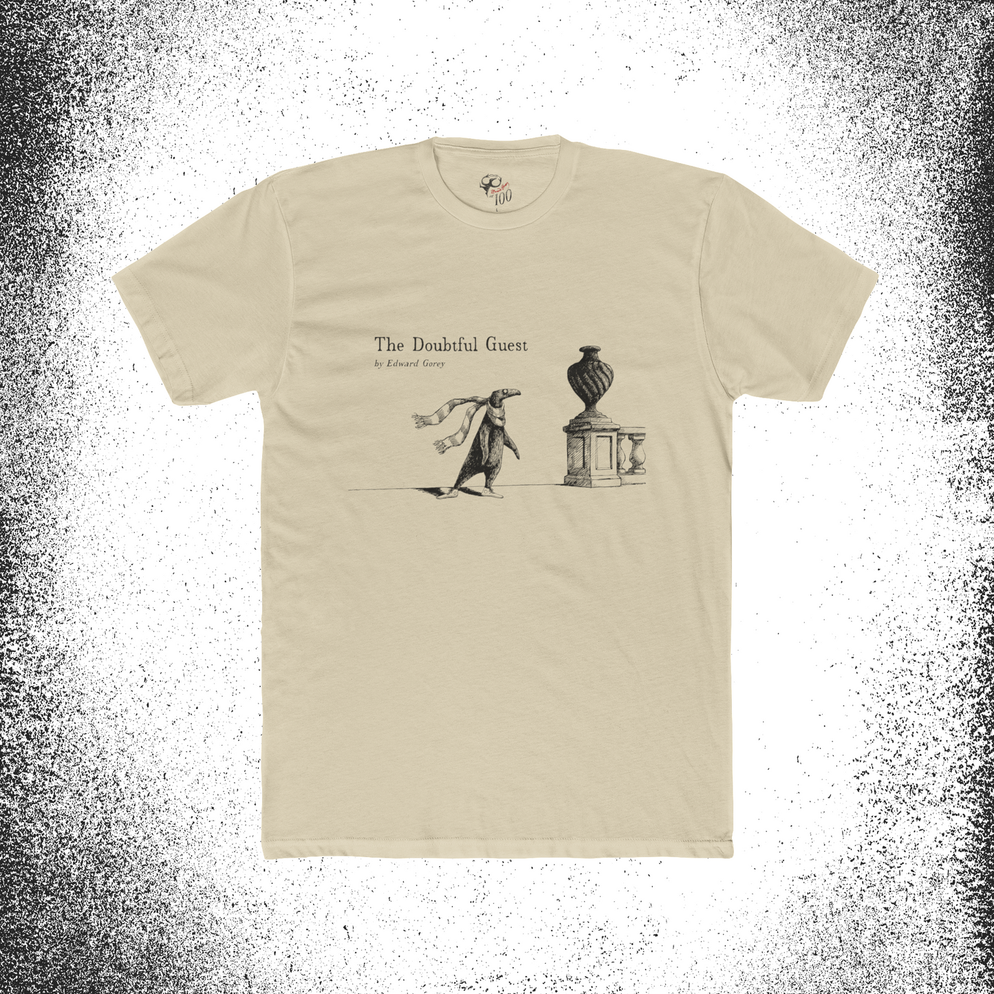 The Doubtful Guest t-shirt featuring Edward Gorey illustration with penguin character and urn.