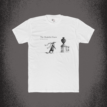The Doubtful Guest t-shirt with Edward Gorey illustration and text on white fabric