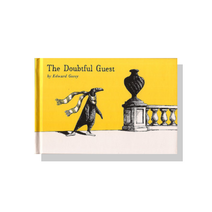 The Doubtful Guest book cover by Edward Gorey with creature in scarf, yellow background