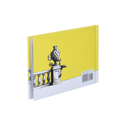 Back cover of The Doubtful Guest book by Edward Gorey with yellow background and urn illustration