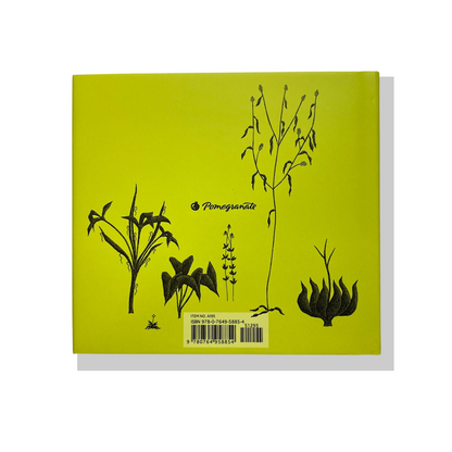 Edward Gorey book back cover with black botanical drawings on yellow, Pomegranate logo