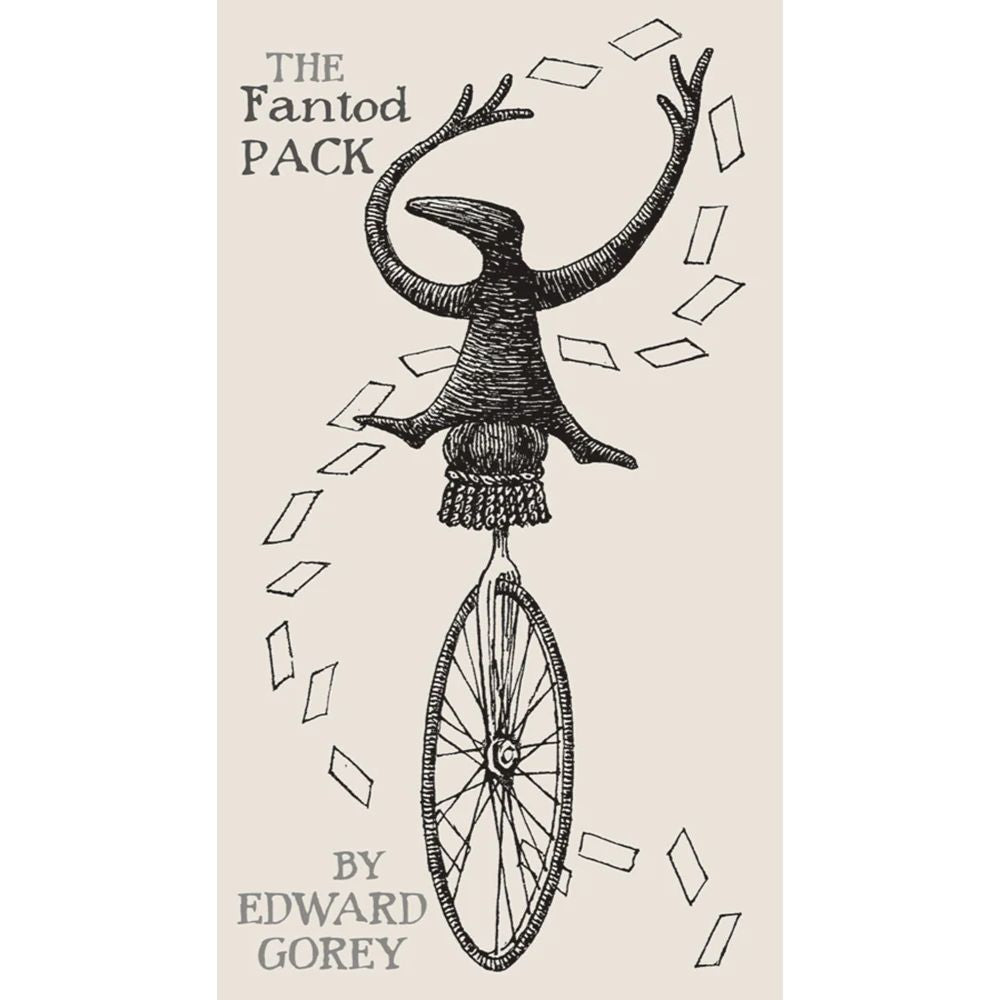 Edward Gorey Fantod Pack cover illustration featuring a surreal horned figure balancing on a wheel with scattered cards