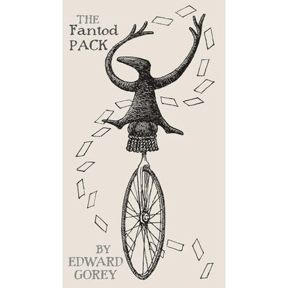Edward Gorey Fantod Pack cover illustration featuring a surreal horned figure balancing on a wheel with scattered cards