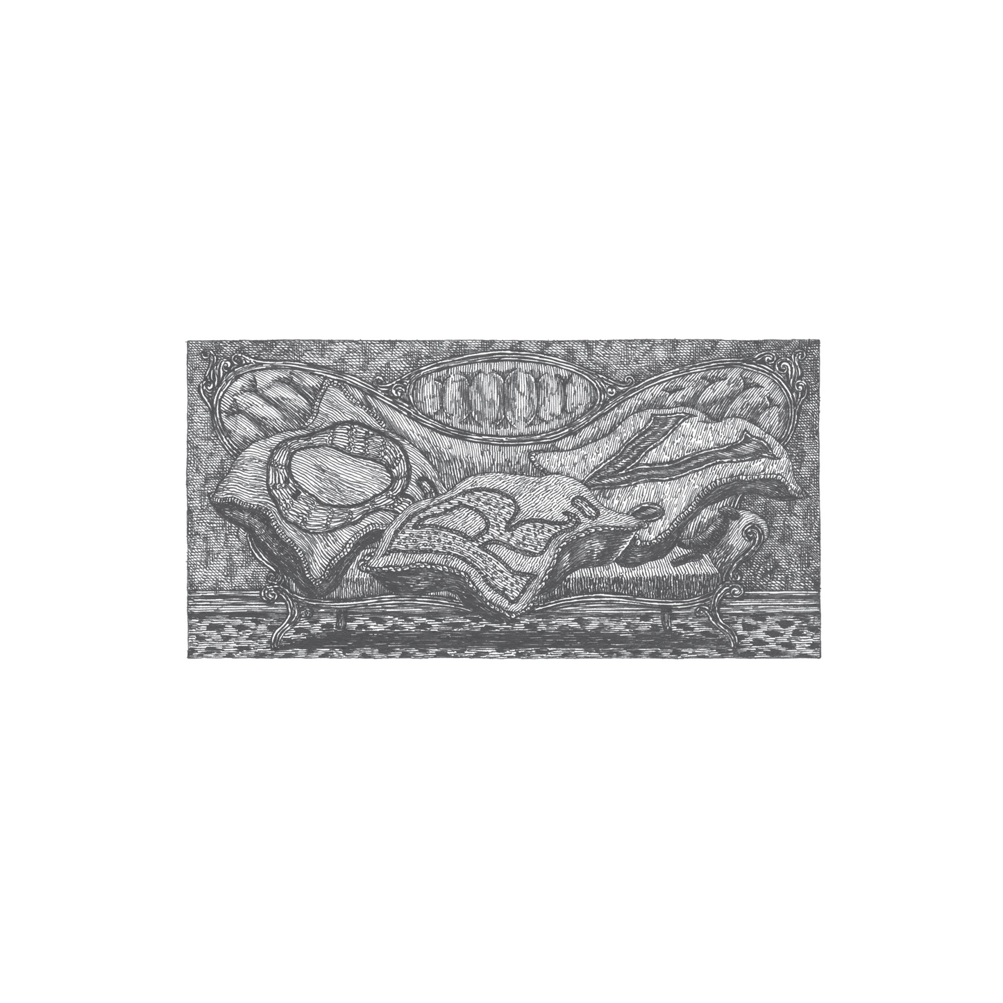 Edward Gorey illustrated settee box cover for notecards, intricate black and white line art.