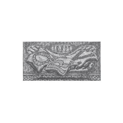 Edward Gorey illustrated settee box cover for notecards, intricate black and white line art.
