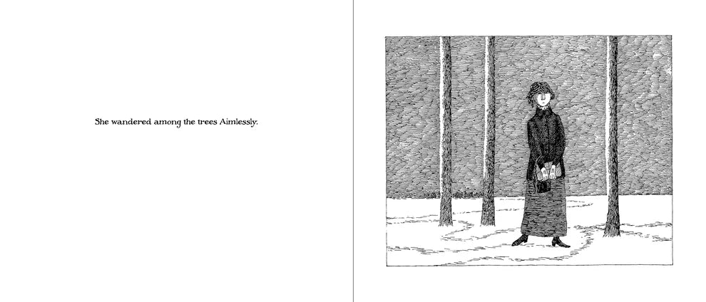 Edward Gorey illustration of a woman wandering through bare trees in snow, from The Glorious Nosebleed.