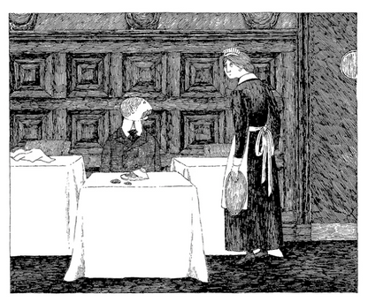 Edward Gorey illustration of a man at a table and a maid in a vintage dining room, from The Edward Gorey Online Shop.